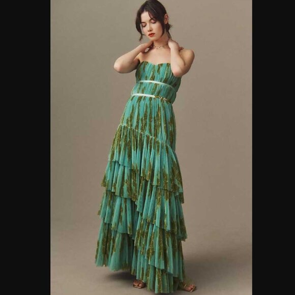 New women's 12 Anthropologie x Hutch Lanza strapless tiered ruffle maxi dress